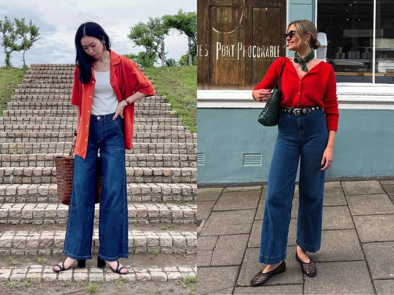 Áo sơ mi đỏ khoác ngoài với áo thun trắng hoặc cardigan đỏ với quần xanh đậm