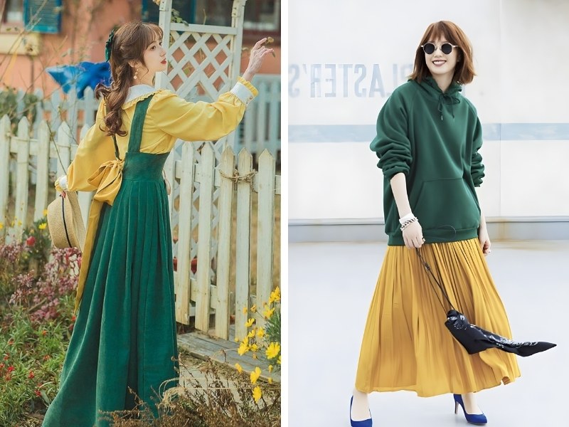 Cách phối đồ màu xanh cổ vịt với màu vàng