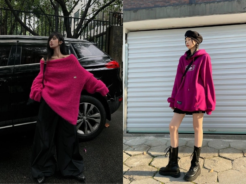 Outfit màu hồng cánh sen đậm kết hợp cùng đen