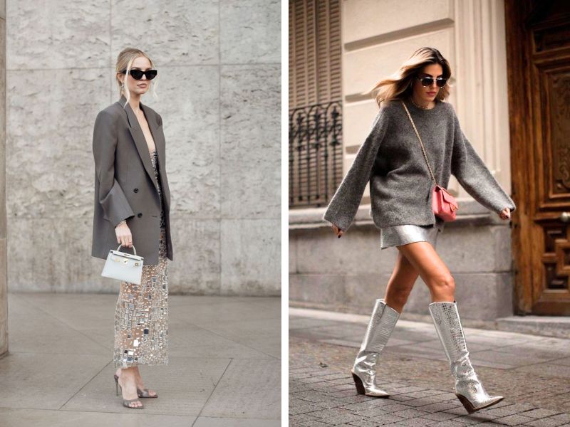 Phối áo màu xám và các kiểu váy màu bạc