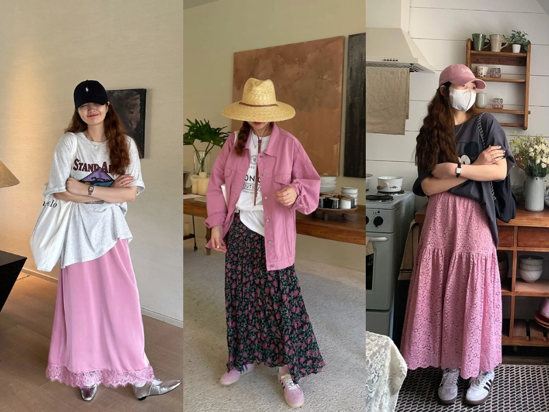 Màu hồng đậm mix chân váy