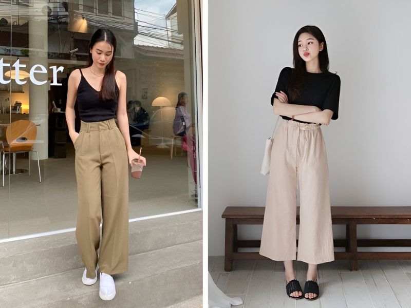 Phối áo màu đen và quần màu be