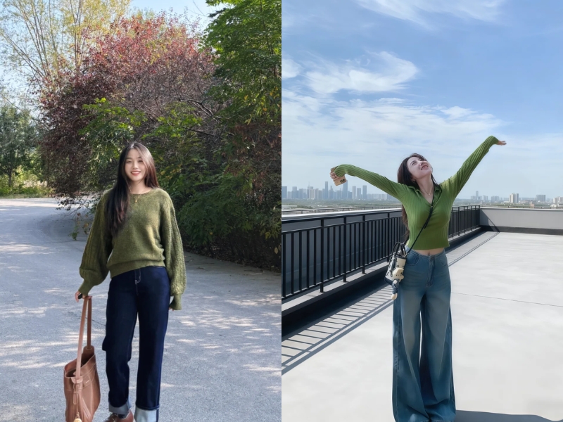 Xanh rêu kết hợp jean