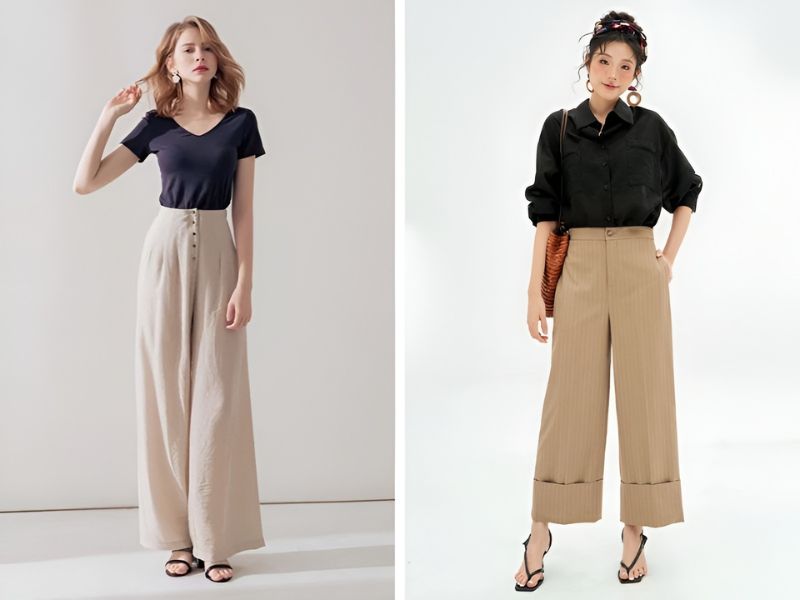 Phối quần màu be với áo kiểu màu đen