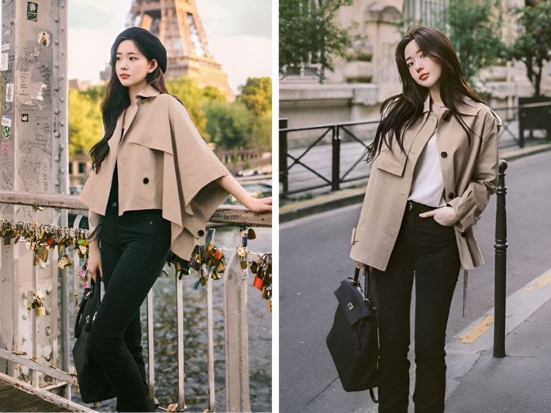 Phối áo khoác kiểu màu be cùng với quần kaki đen