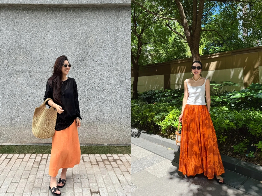 Váy cam kết hợp áo trắng