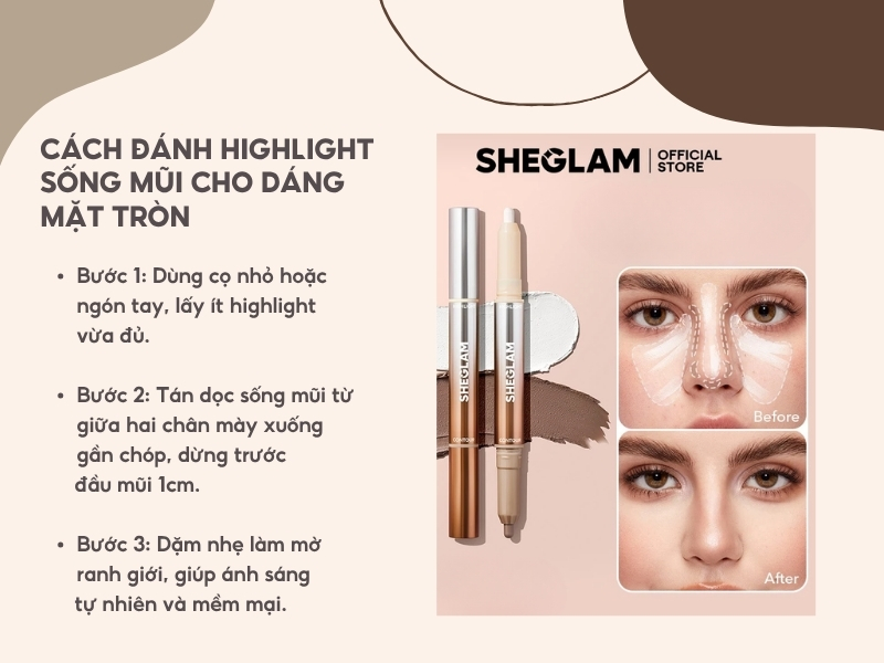 Sống mũi tạo trục dọc thon gọn cho khuôn mặt tròn