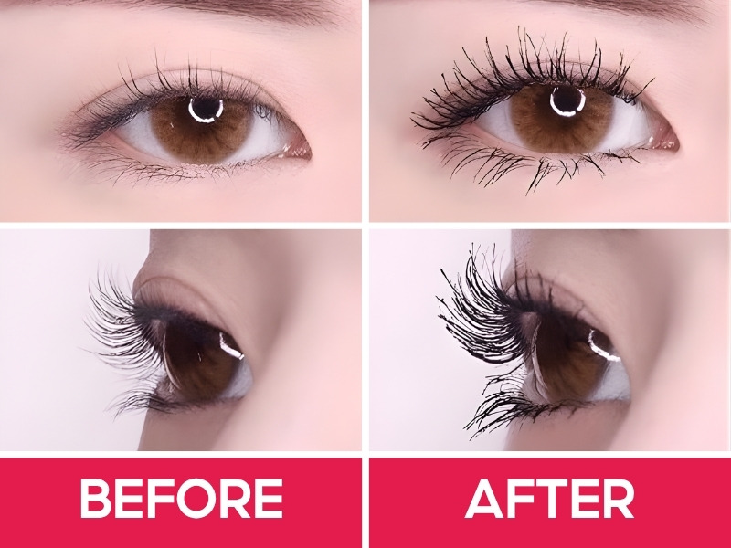 Trước và sau khi chuốt mascara Kissme Long Up