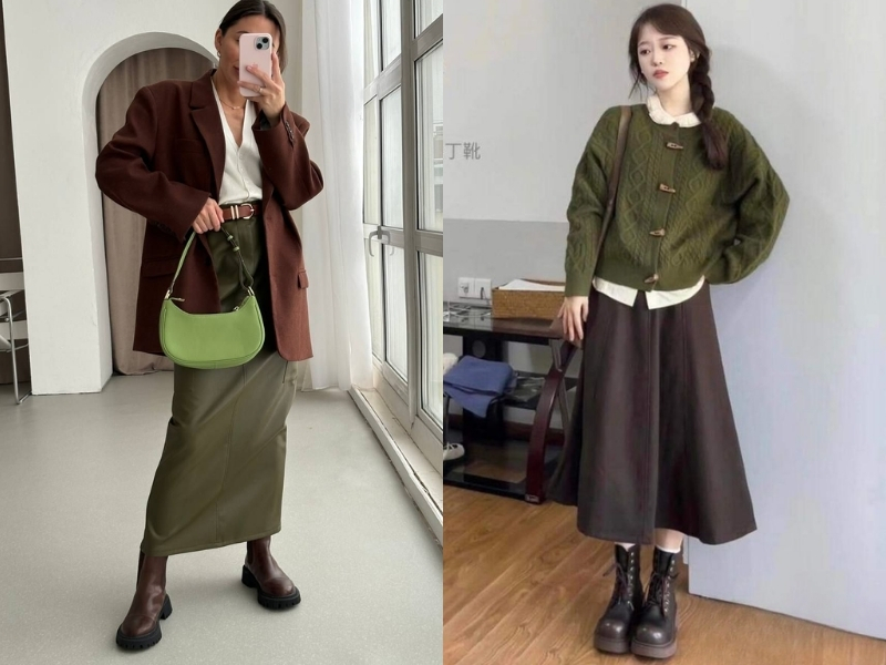 màu xanh rêu phối đồ với màu nâu