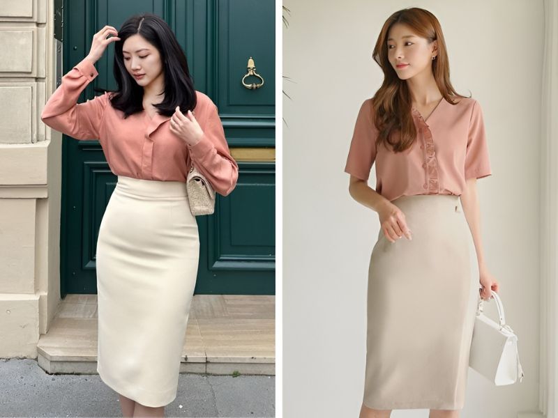 Phối áo màu hồng cam cùng màu kem 