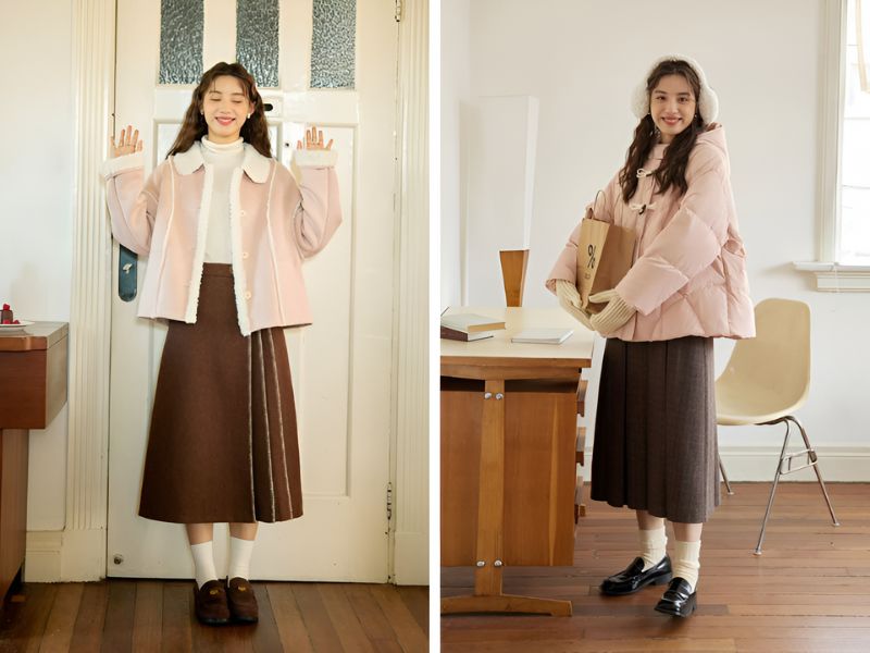 Phối áo màu hồng pastel và chân váy màu nâu 