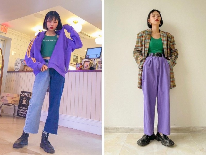 Cách phối áo thun, áo khoác và quần ống rộng