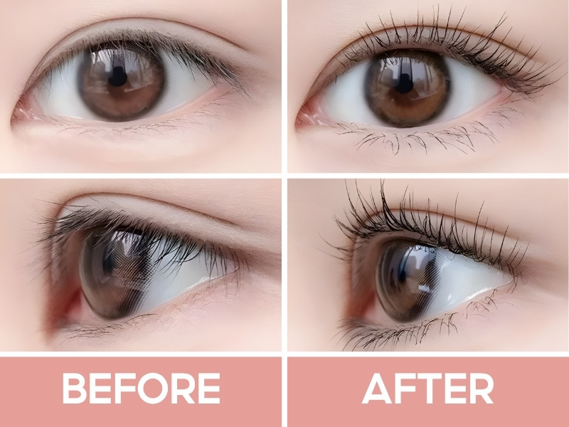 Trước và sau khi chuốt mascara Ukiss Eyelashes Base