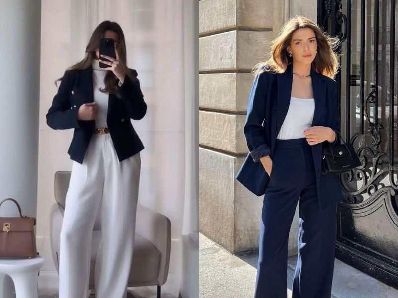 blazer chàm kết hợp cùng blouse trắng