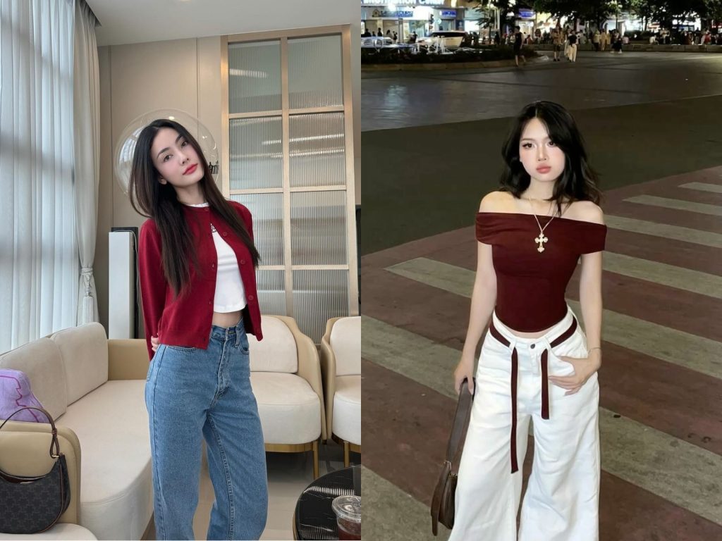 Áo đỏ đô kết hợp cùng quần trắng hoặc jean xanh