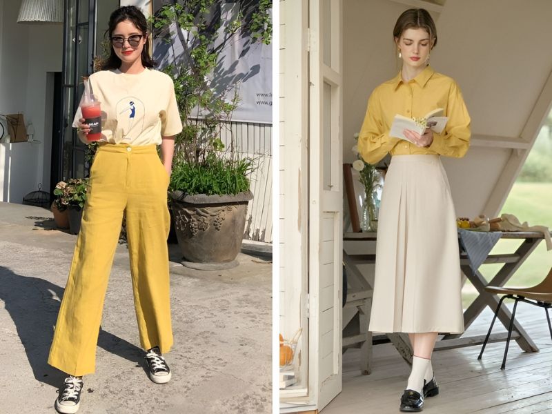 Phối đồ màu vàng chanh với item màu kem 