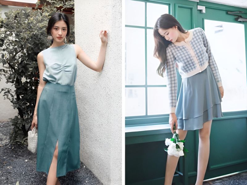 Phối áo màu xanh pastel với chân váy màu xanh nguyên bản 