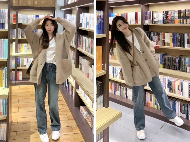 outfit cardigan khoác ngoài áo thun quần jean và giày sneaker