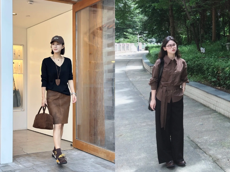 Outfit phối màu đen với màu nâu