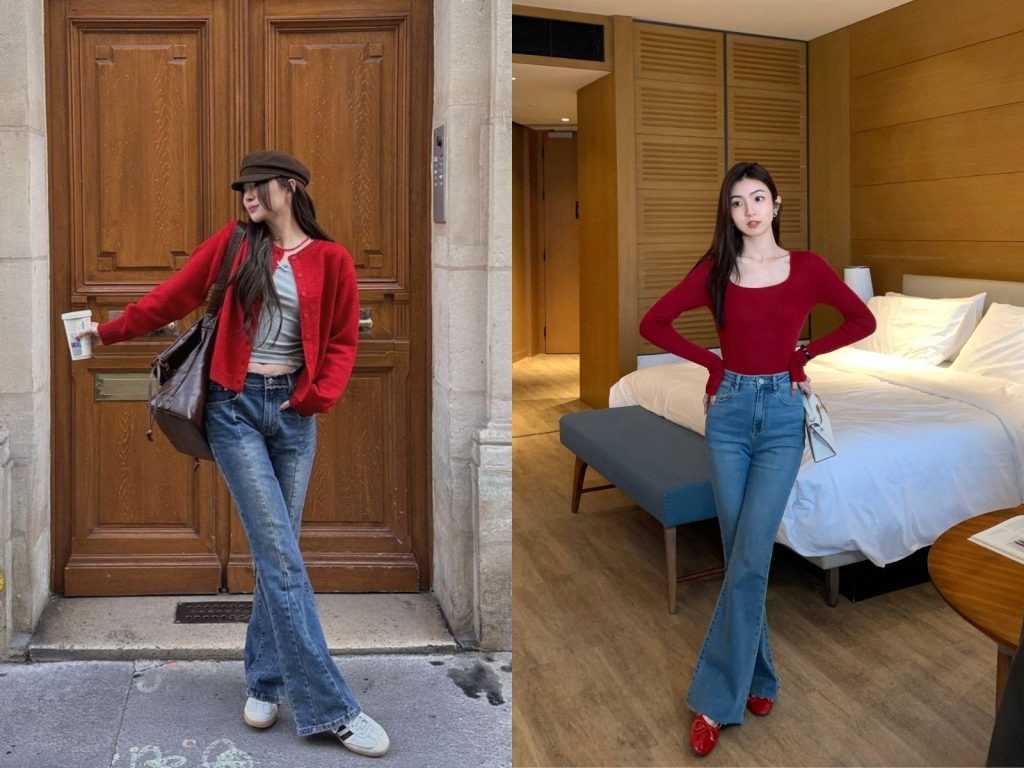 Gam đỏ đô nổi bật khi đi cùng jean xanh nhạt