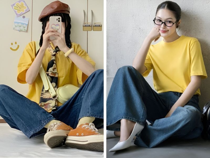 Phối áo màu vàng chanh và quần jean