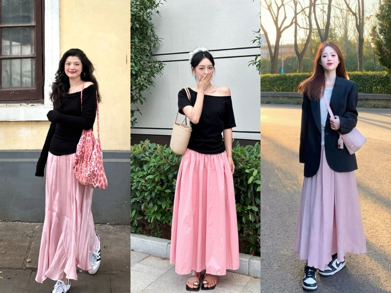 Áo đen mix chân váy hồng