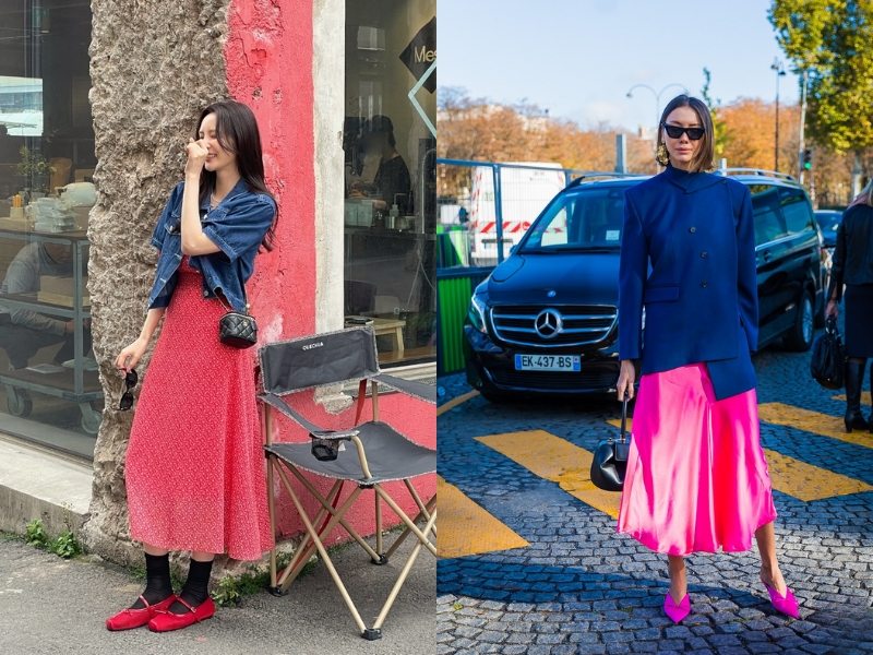 áo khoác denim xanh dương đậm với váy hồng hoặc hồng fuchsia