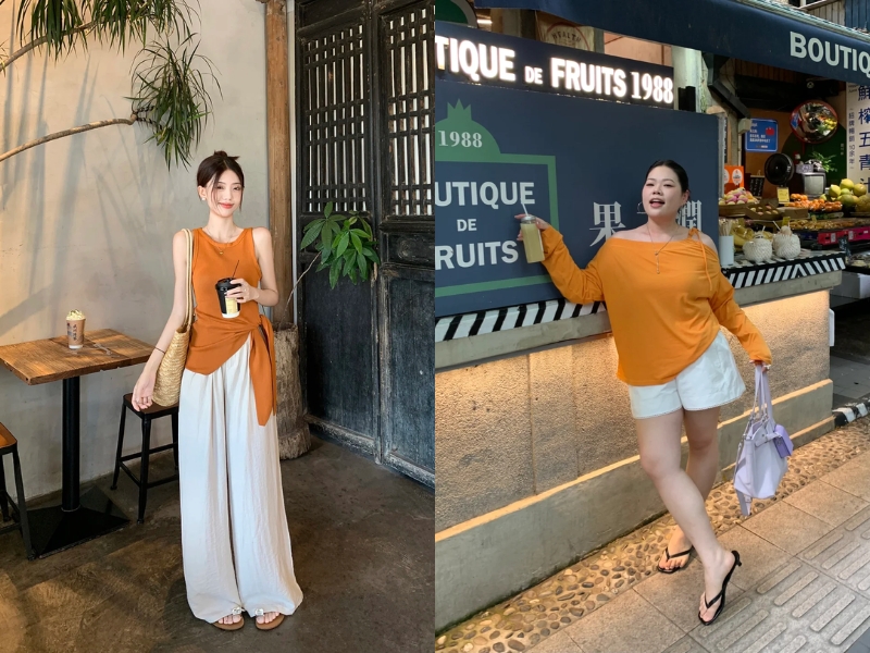 Áo cam mix quần trắng