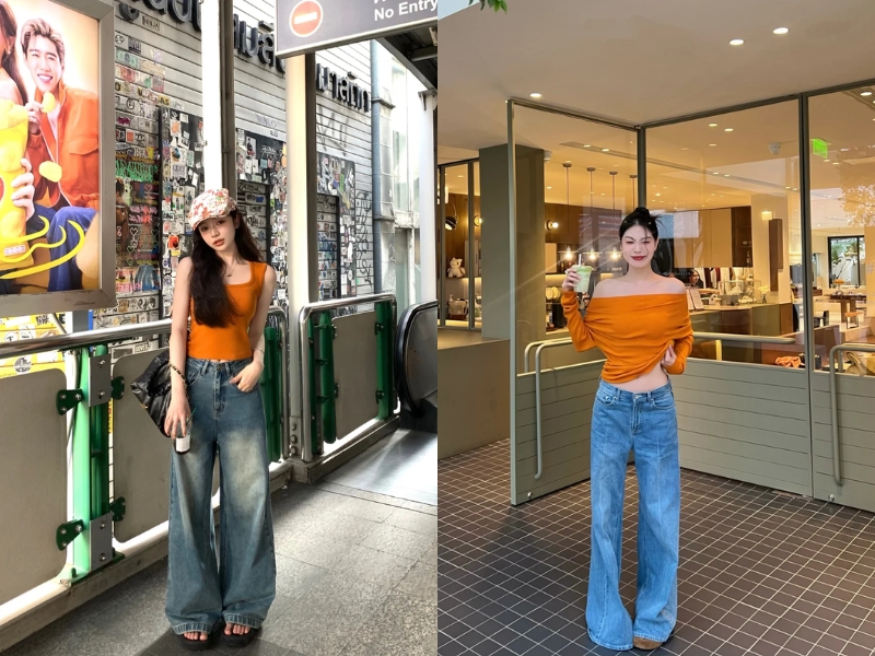 Outfit năng động với áo màu cam kết hợp quần jean