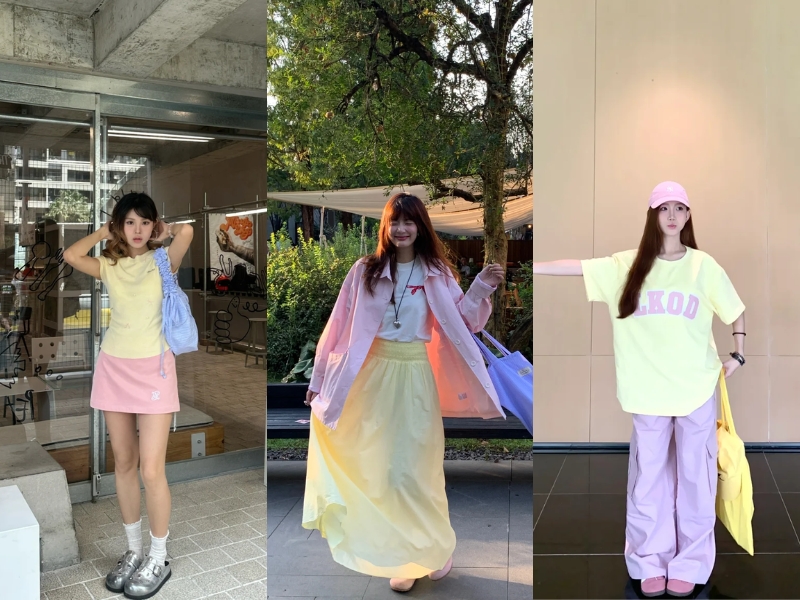 Áo hồng pastel phối cùng màu vàng bơ 