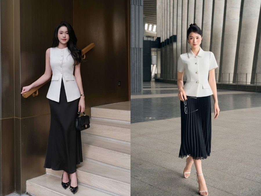 Phối áo màu ivory với chân váy màu đen