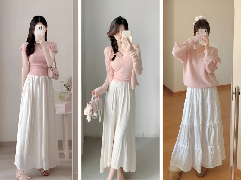 Phối chân váy màu trắng và áo màu hồng pastel