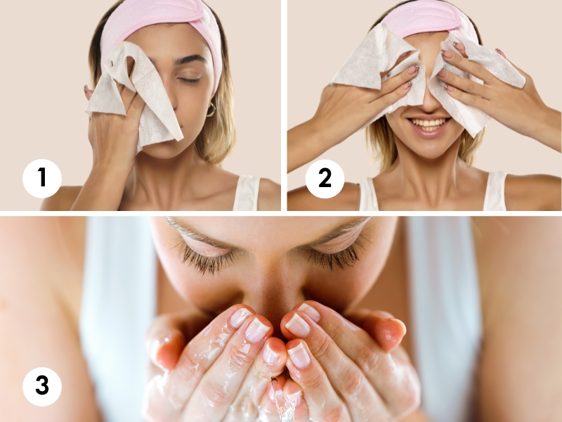Sử dụng khăn tẩy trang và nước ấm để tẩy trang