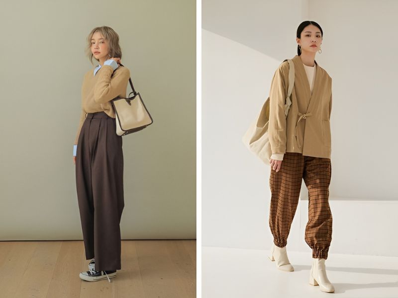 Phối áo kiểu màu be cùng quần màu nâu