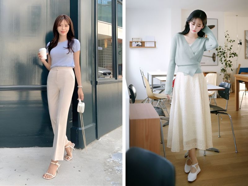 Phối áo xanh dương pastel với quần hoặc chân váy kem 