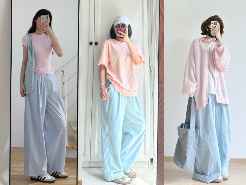 Áo hồng phối quần dài xanh pastel 
