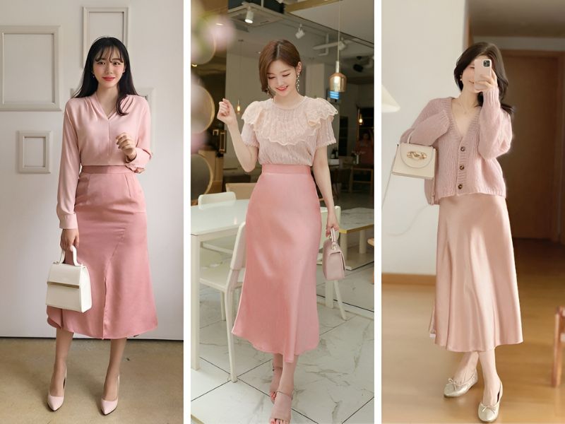 Phối áo kiểu màu hồng với chân váy lụa 