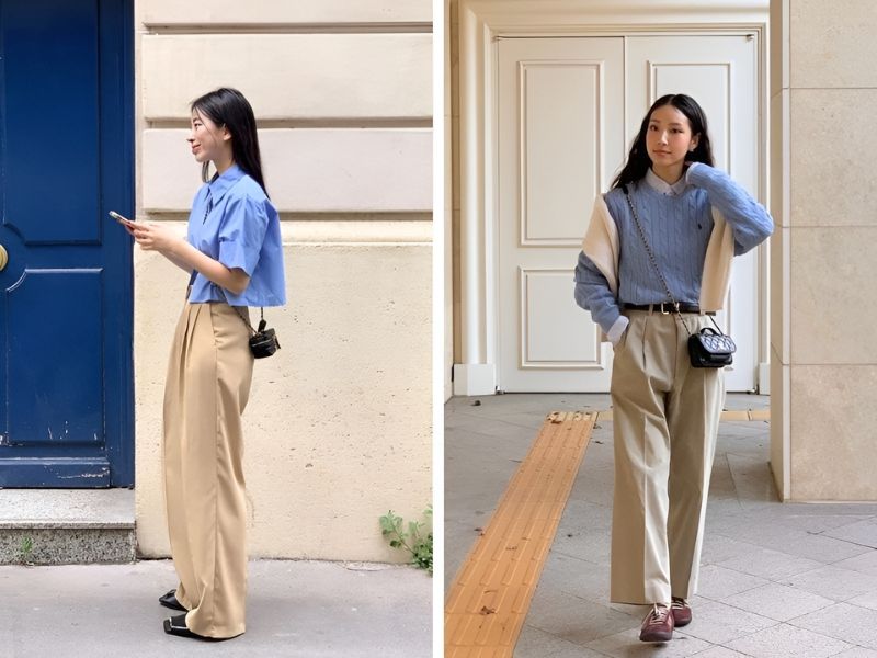 Áo xanh dương phối với quần màu be