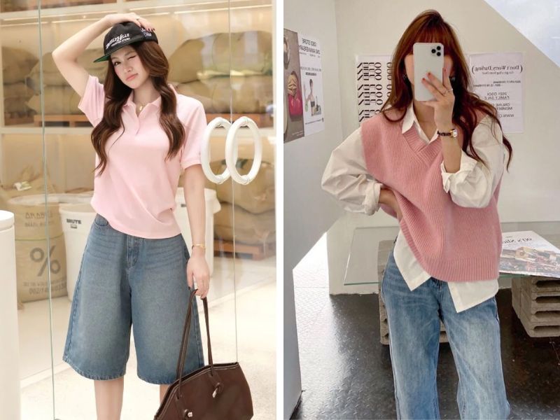 Phối áo màu hồng và quần jean