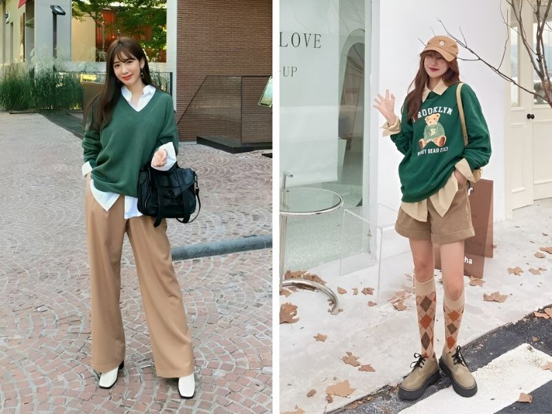 Phối áo xanh xanh lá tay dài và quần màu be