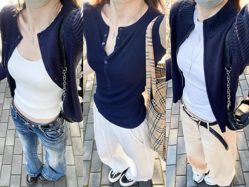 Áo xanh than có thể phối cùng quần jean xanh, trắng hoặc be