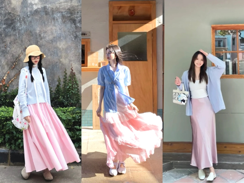 Phối đồ màu Hồng với xanh dương pastel 