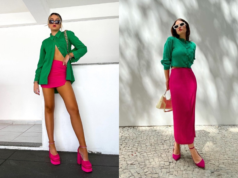 phối đồ màu hồng cánh sen đậm và màu xanh lá