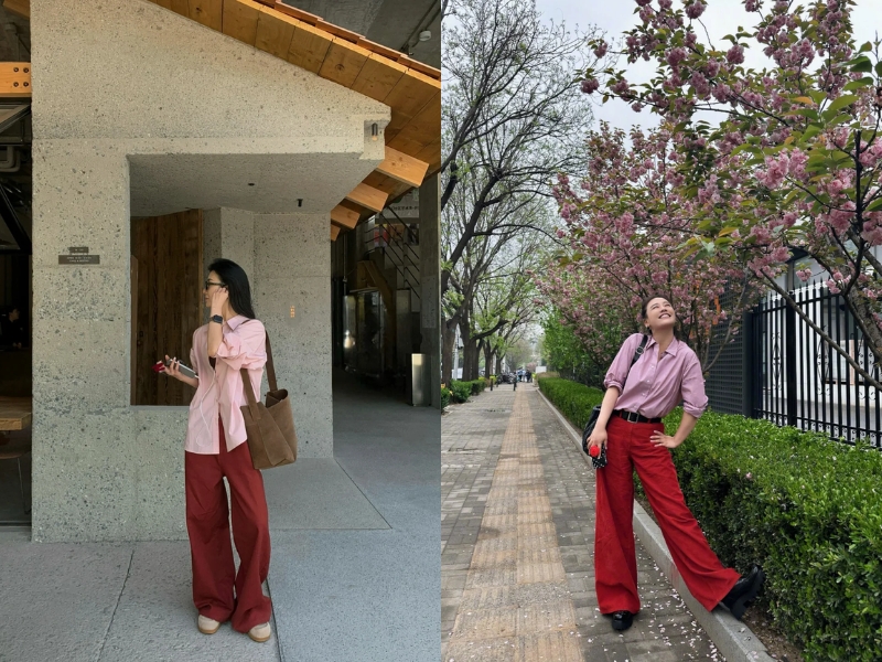 Phối áo màu hồng với quần màu đỏ