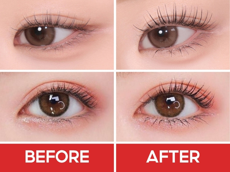 Trước và sau khi chuốt mascara Clio Long Curling