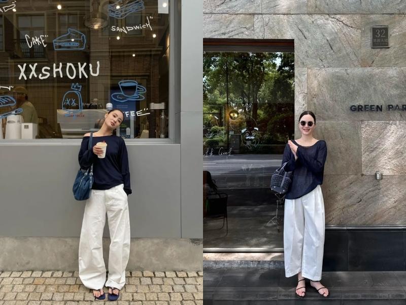 Phối quần trắng cùng áo xanh than