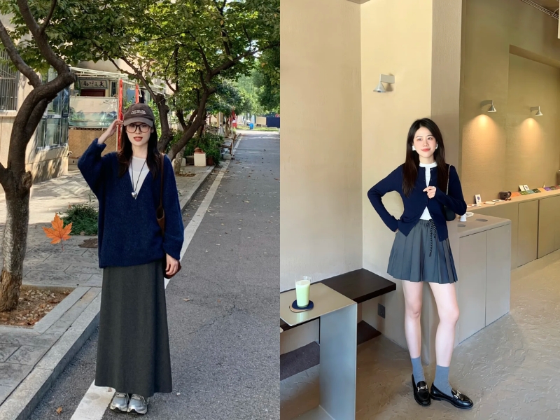 Phối áo xanh than với váy xám ghi