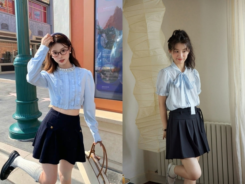 Phối đồ giữa xanh thiên thanh và xanh navy 