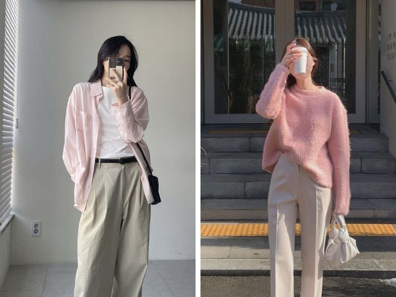 Phối áo màu hồng và quần màu be theo mùa 
