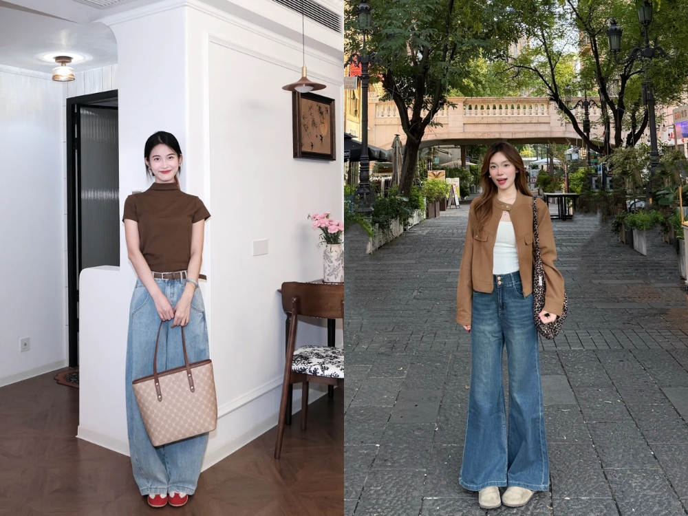 Phối đồ quần jean xanh kết hợp áo nâu 